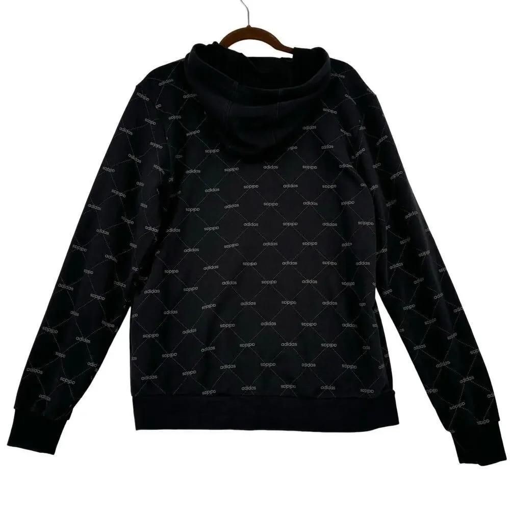 Adidas Hooded Sweatshirt‎ Men's M Black White Allover Spellout Print Hoodie